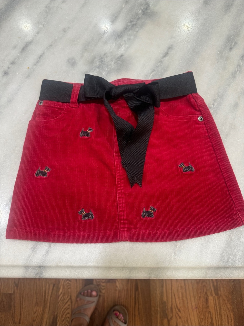 Ralph Lauren Red Corduroy Mini Skirt with Black Waist Ribbon